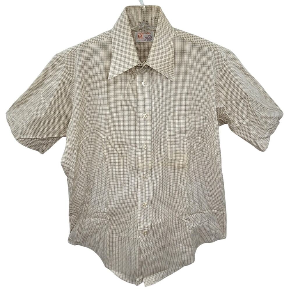 Manhattan 70s Beige Brown Check Woven Shirt Retro Button‑Up Vintage Casual‎
